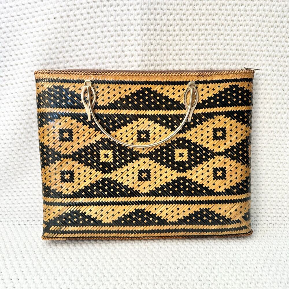 Vintage Philippines Tiruray Woven Raffia Tan Black Geometric Slim Top Handle Bag